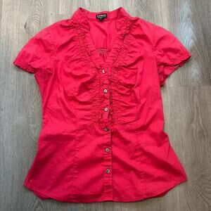 Express red fitted button front top